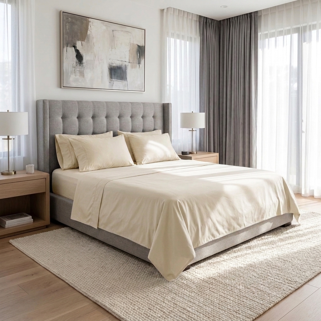 Coffret Prestige NUVIA, coloris Crème, sur un lit King