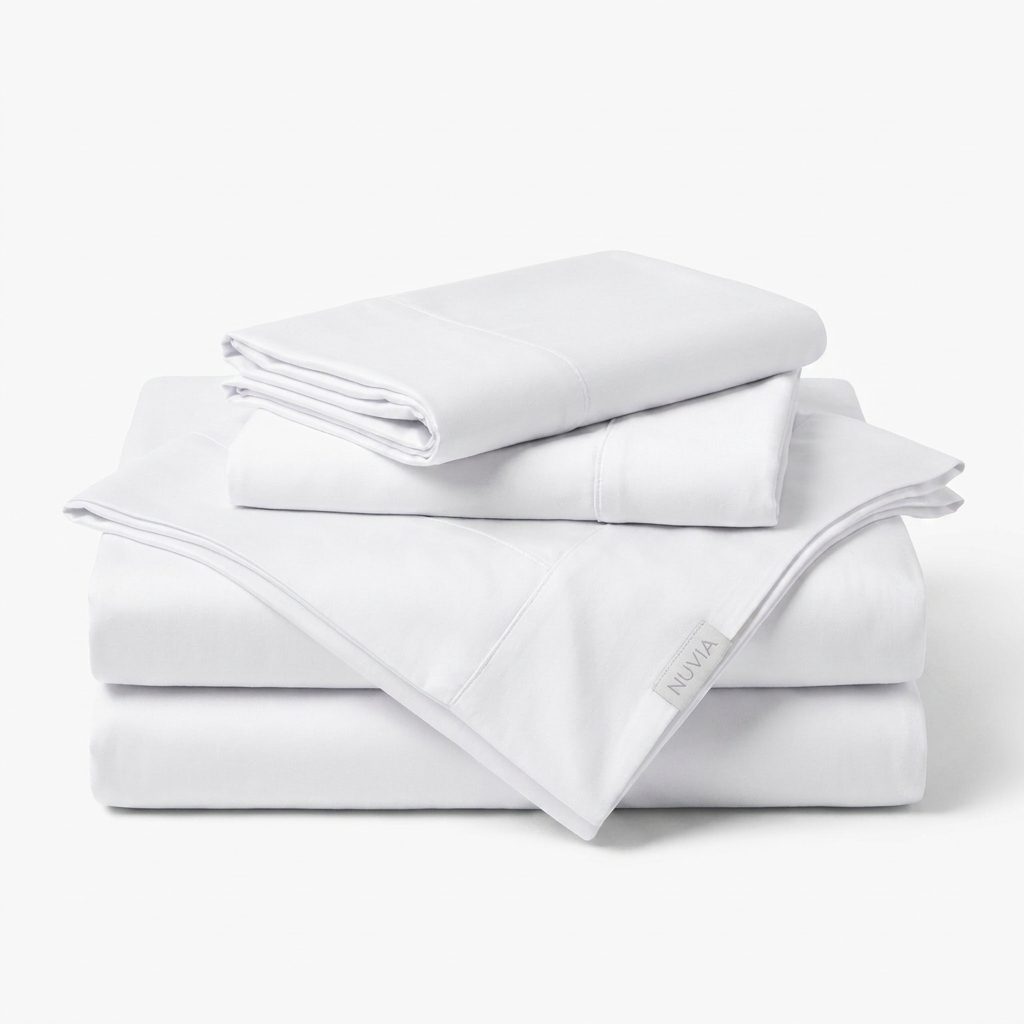 Coffret Essentiel NUVIA, coloris Blanc, sur un lit simple