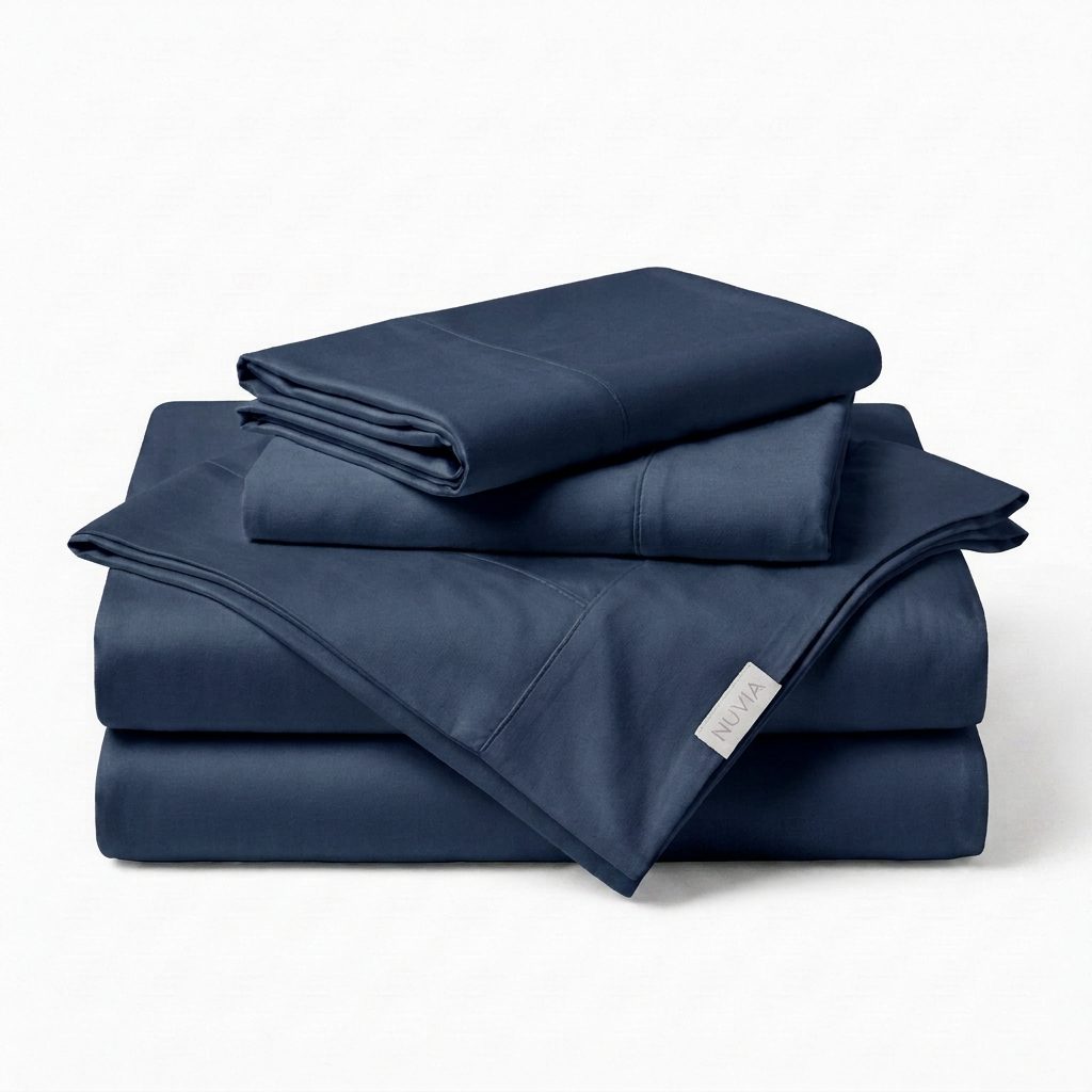 Coffret Signature NUVIA, coloris Bleu nuit, sur un lit Queen